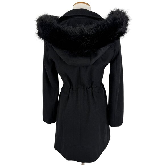Laundry By Shelli Segal Black Wool Faux Fur Trim Hooded Coat | Cozy Quiet Luxury - Picture 7 of 16